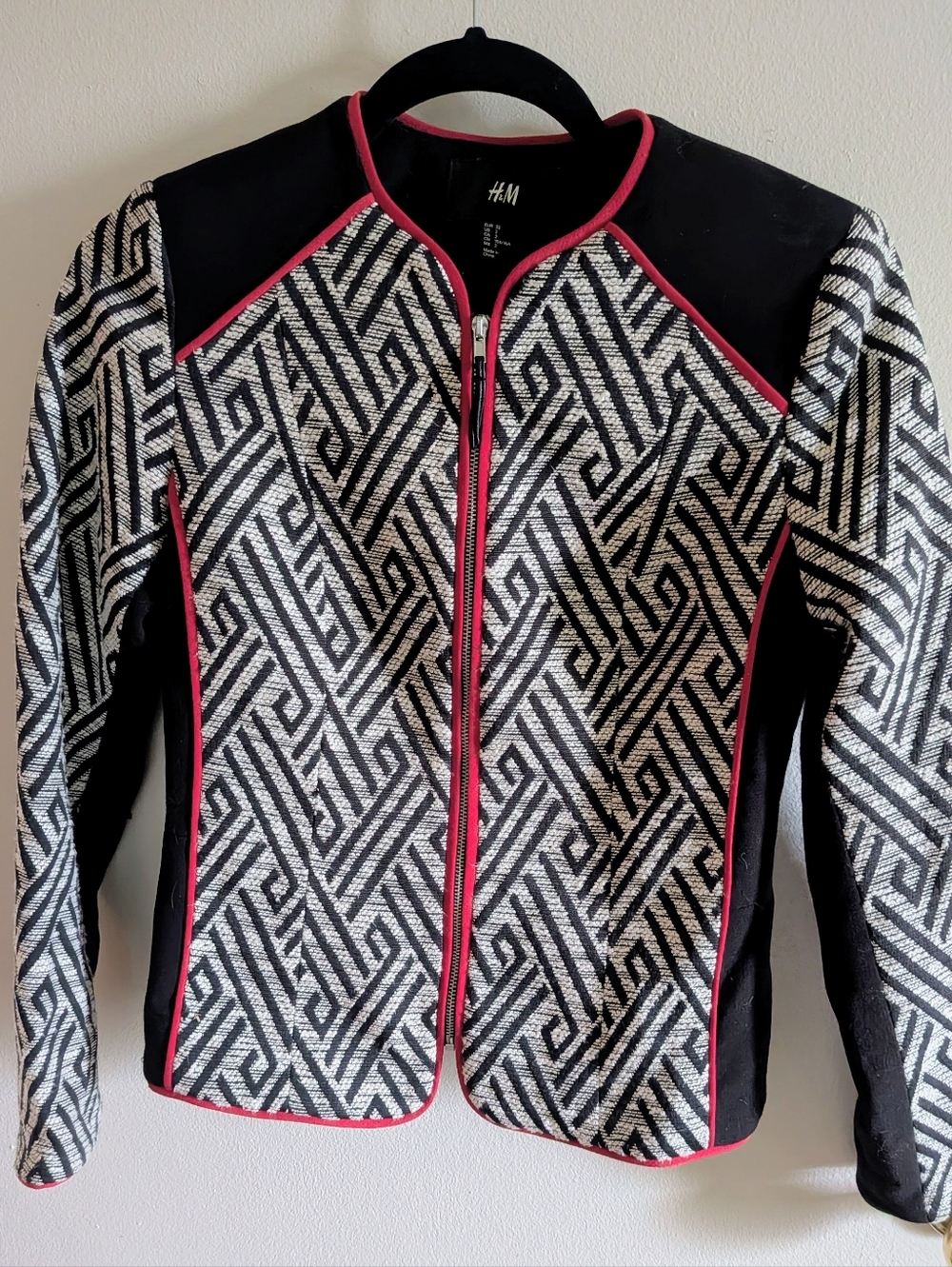 H&M Black & White Geometric Jacket with Red Trim